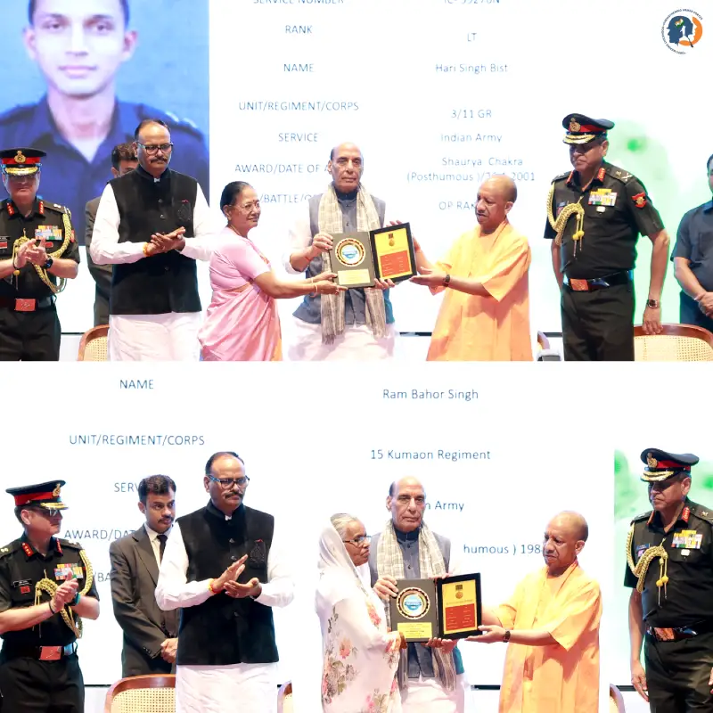 Hon’ble Defence Minister Rajnath Singh and CM Yogi Adityanath honoured the families of India’s brave heroes, including Lt. Hari Singh Bist (Shaurya Chakra, Operation Rakshak 2001) and Ram Bahor Singh, in a heartfelt tribute.